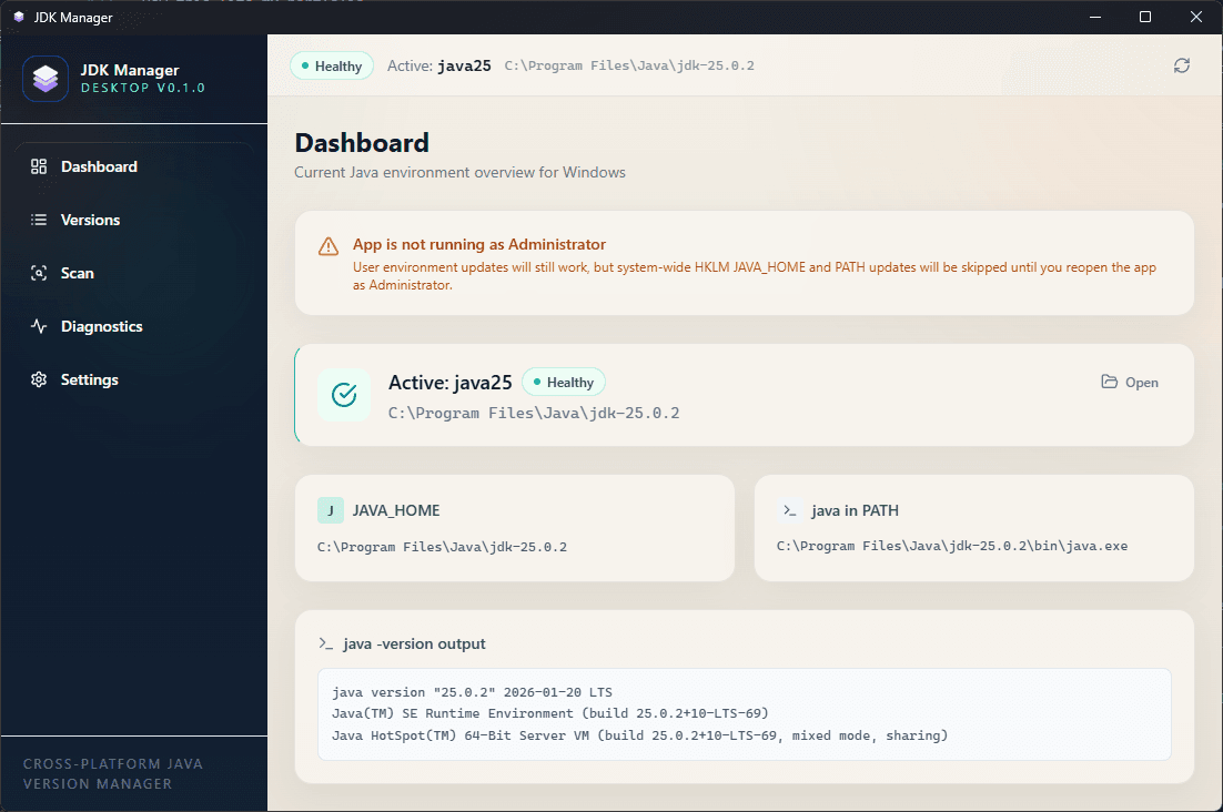 JDK Manager desktop application — scan, switch, and manage Java versions on Windows